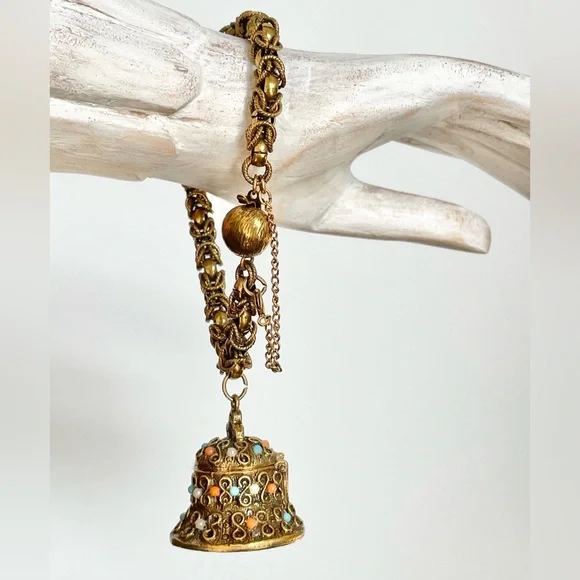 Vintage 60s Warm Gold Tone Antiqued Brass Bell
Locket Bracelet Etruscan Revival - Picture 2 of 7